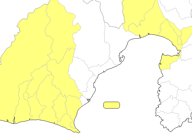 静岡市、葵区、駿河区、清水区、藤枝市、島田市、焼津市、川根本町、周智郡森町、吉田町、清水町、磐田市、浜松市、御前崎市、菊川市、掛川市、富士市、沼津市、富士宮市、三島市、牧之原市、袋井市